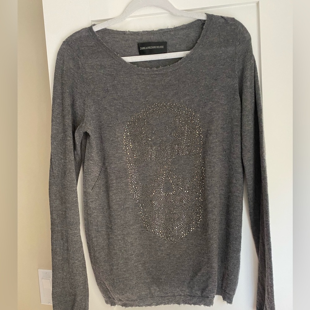 Zadig & Voltaire Gray Cashmere Pullover with Rhinestone Skull Design Size M Goth